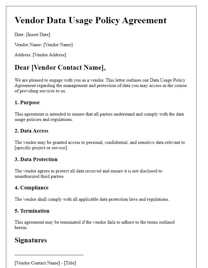 Letter template of Vendor Data Usage Policy Agreement