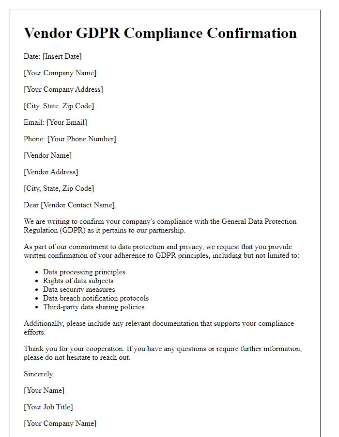 Letter template of Vendor GDPR Compliance Confirmation