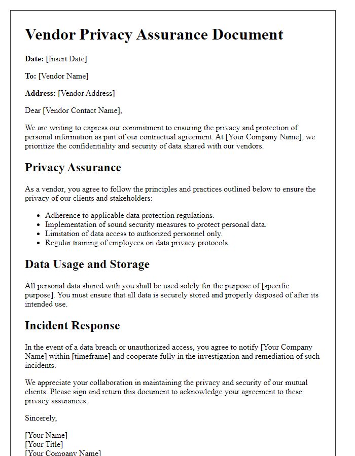 Letter template of Vendor Privacy Assurance Document