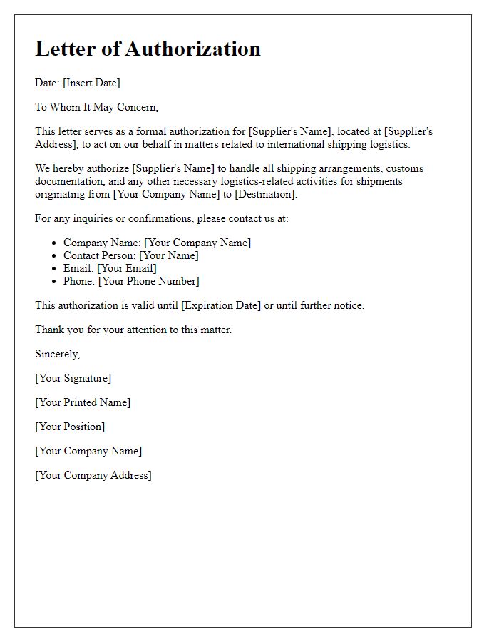 Letter template of authorization for supplier international shipping logistics