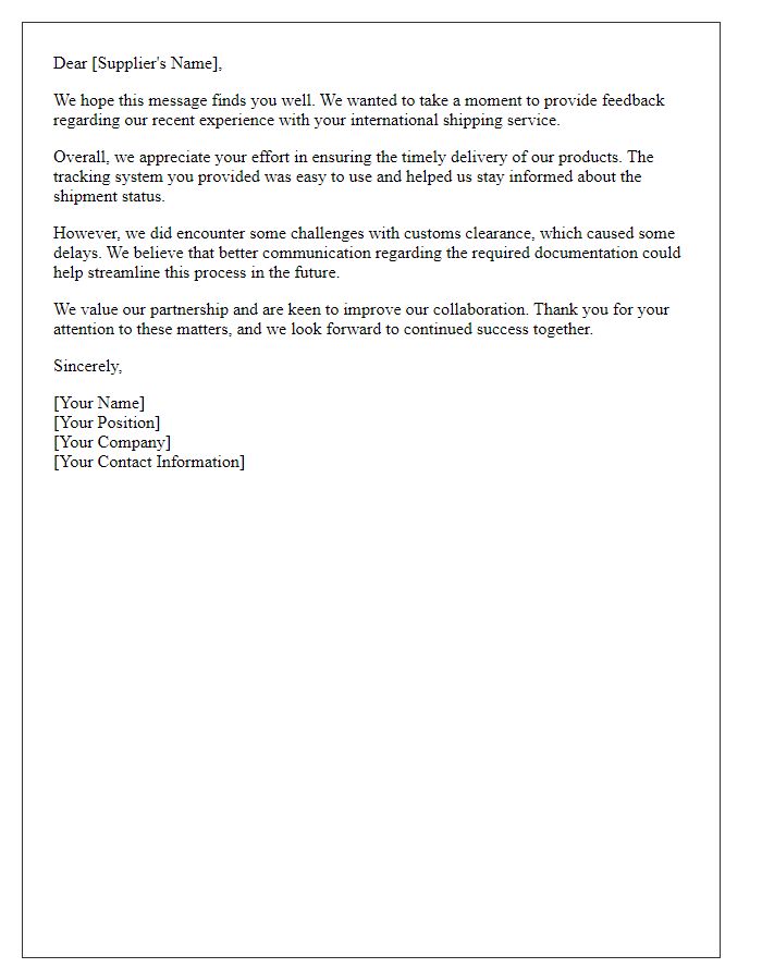 Letter template of feedback for supplier international shipping service