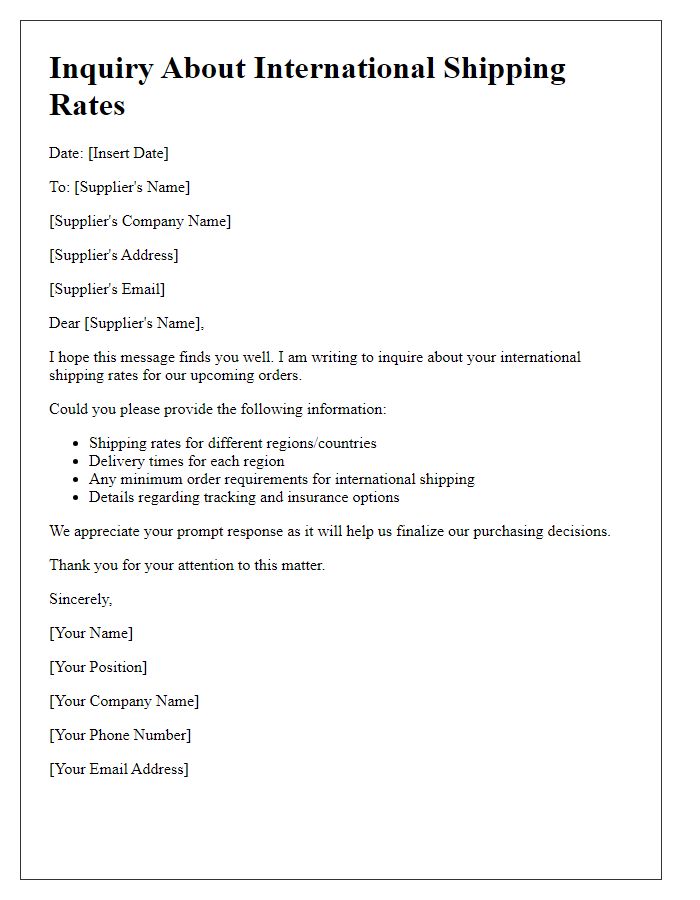 Letter template of inquiry about supplier international shipping rates