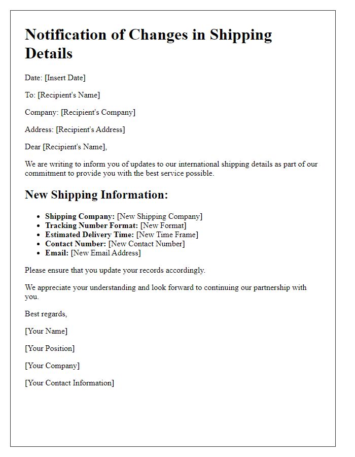 Letter template of notification for changes in supplier international shipping details