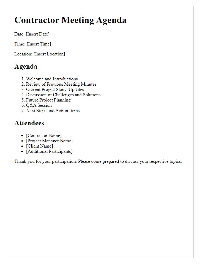 Letter template of contractor meeting agenda briefing