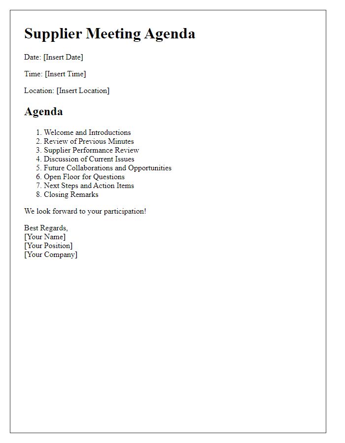 Letter template of supplier meeting agenda outline