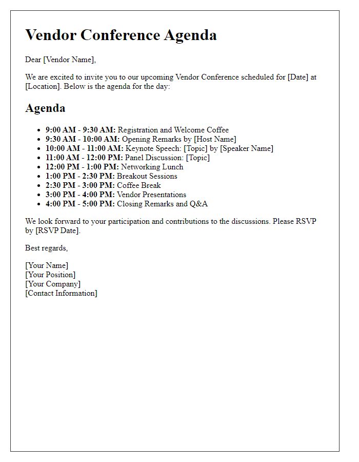 Letter template of vendor conference agenda sharing