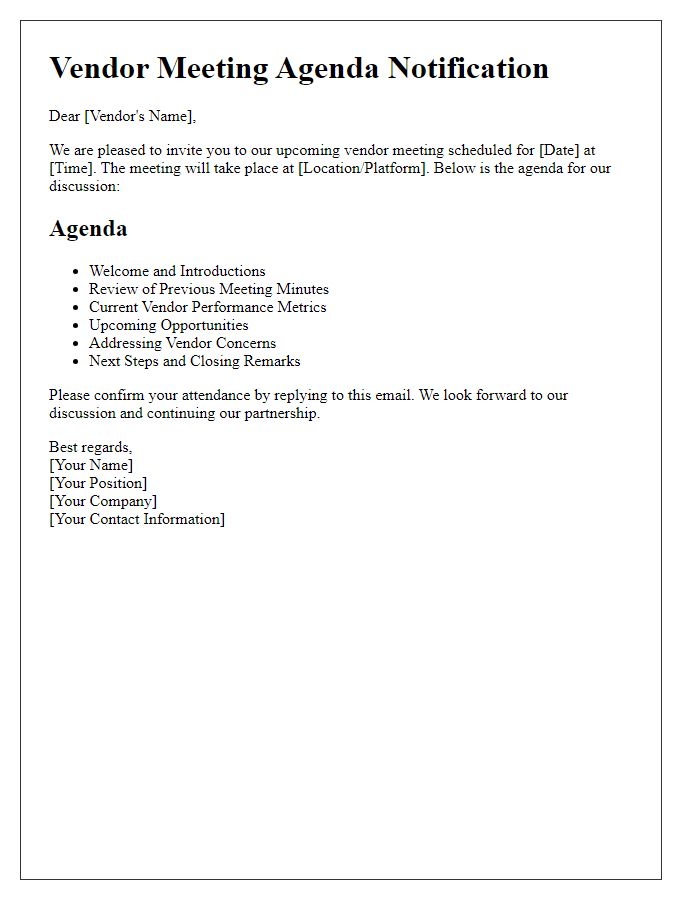 Letter template of vendor meeting agenda notification