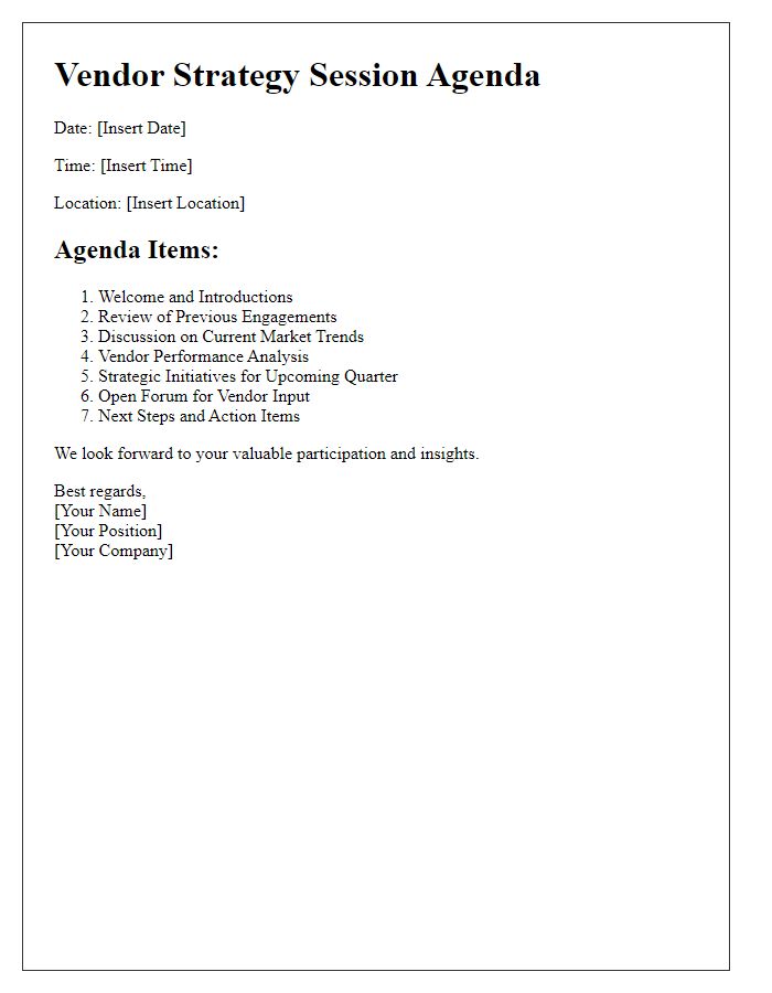 Letter template of vendor strategy session agenda communication