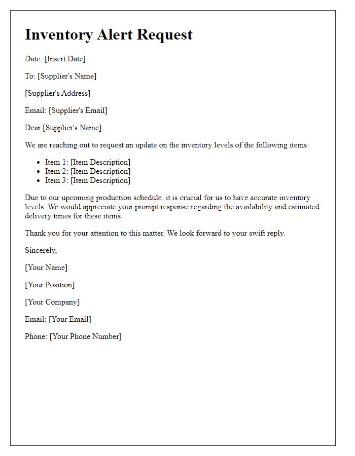 Letter template of supplier inventory alert request