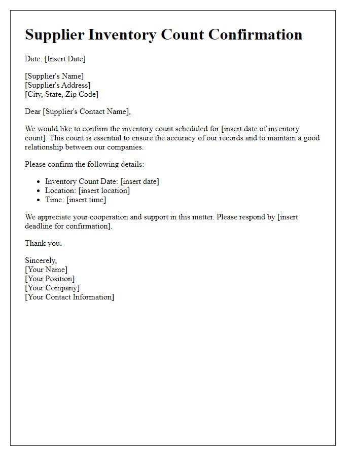 Letter template of supplier inventory count confirmation