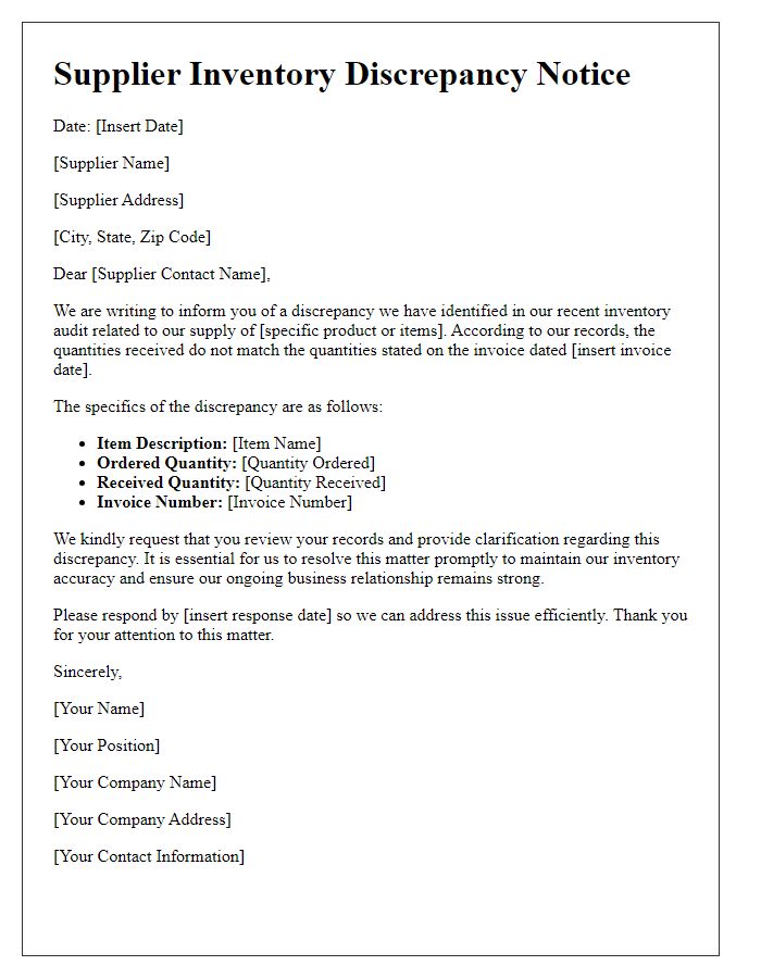 Letter template of supplier inventory discrepancy notice