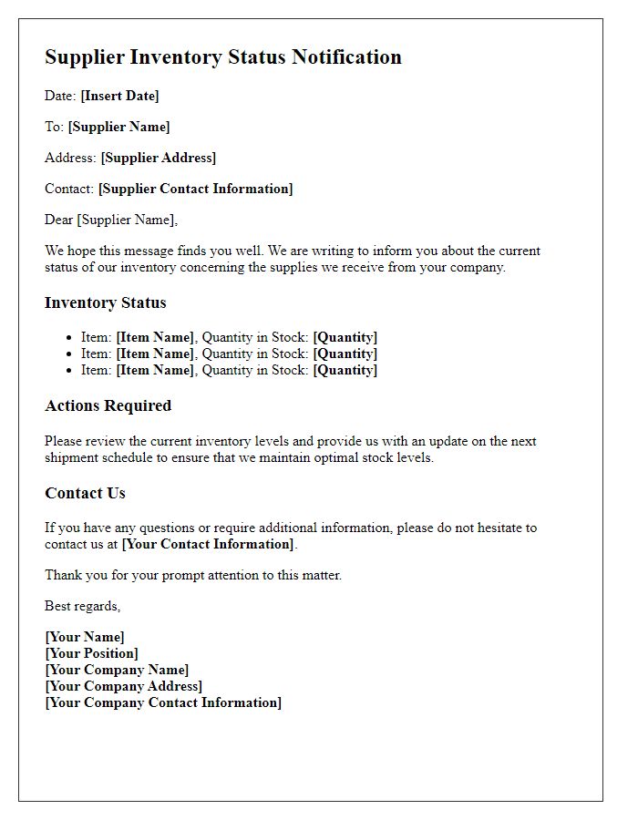 Letter template of supplier inventory status notification