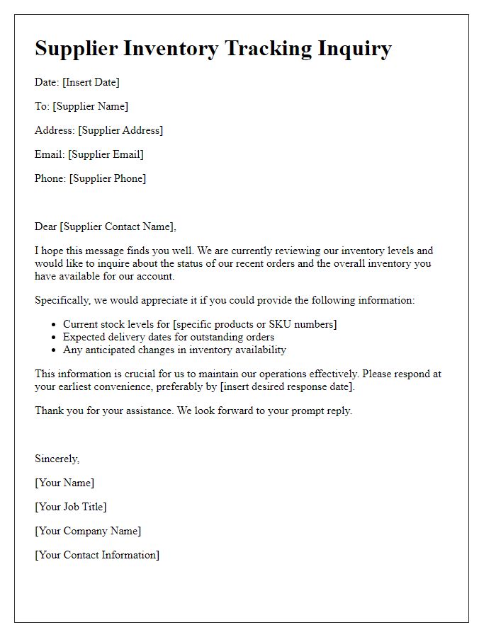 Letter template of supplier inventory tracking inquiry