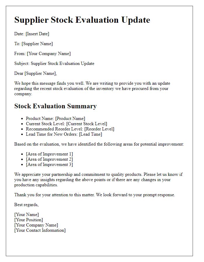 Letter template of supplier stock evaluation update