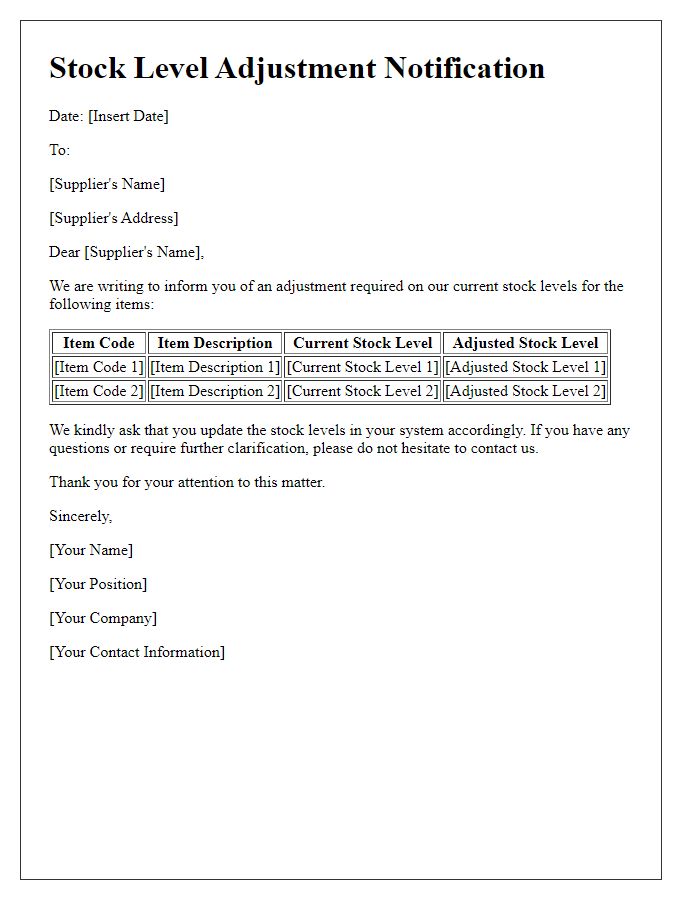 Letter template of supplier stock level adjustment