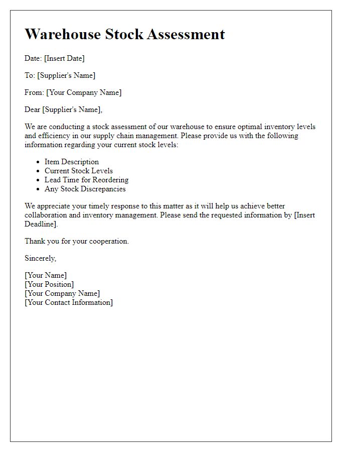 Letter template of supplier warehouse stock assessment