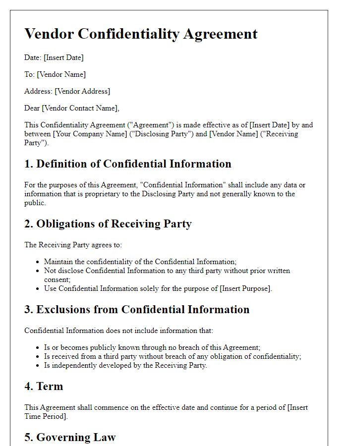 Letter template of vendor confidentiality agreement framework