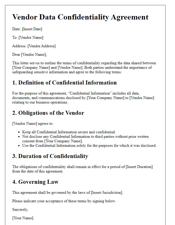 Letter template of vendor data confidentiality terms