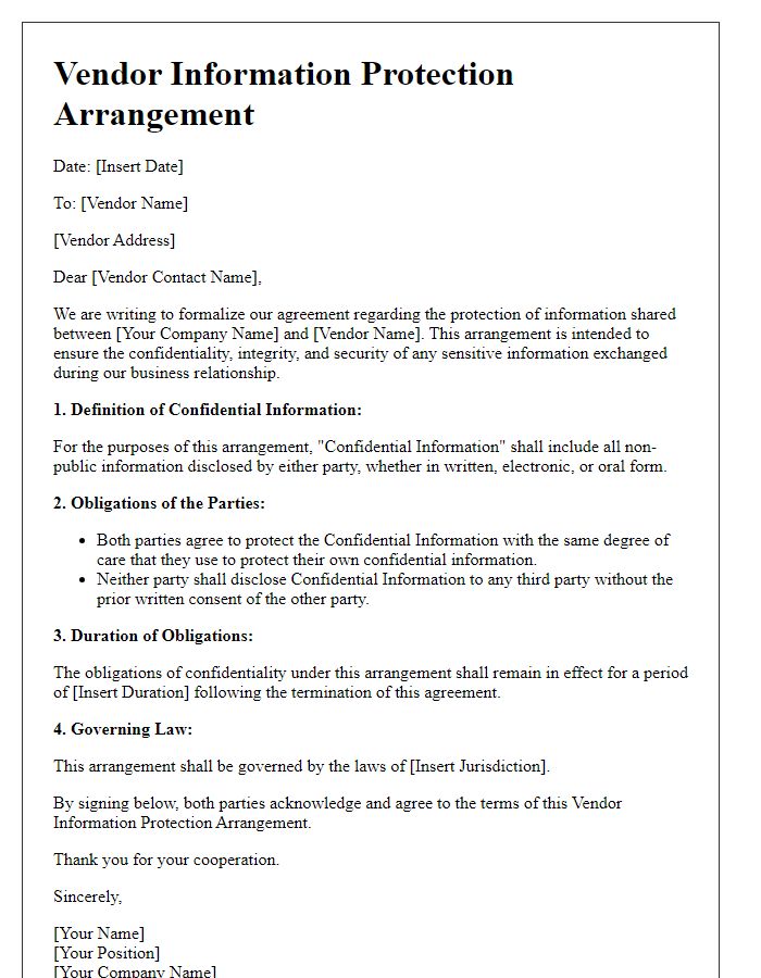 Letter template of vendor information protection arrangement