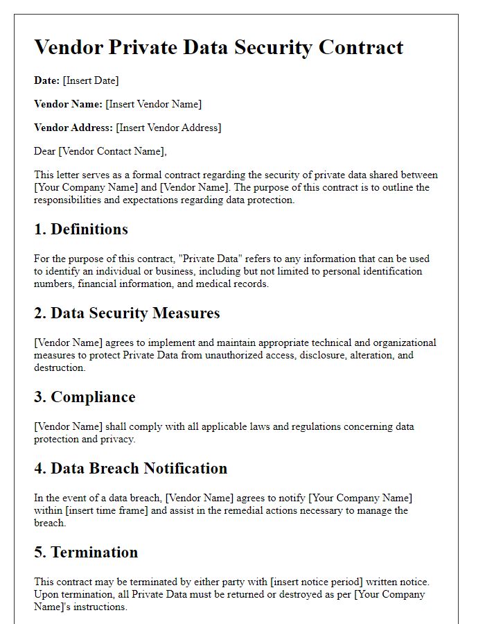 Letter template of vendor private data security contract