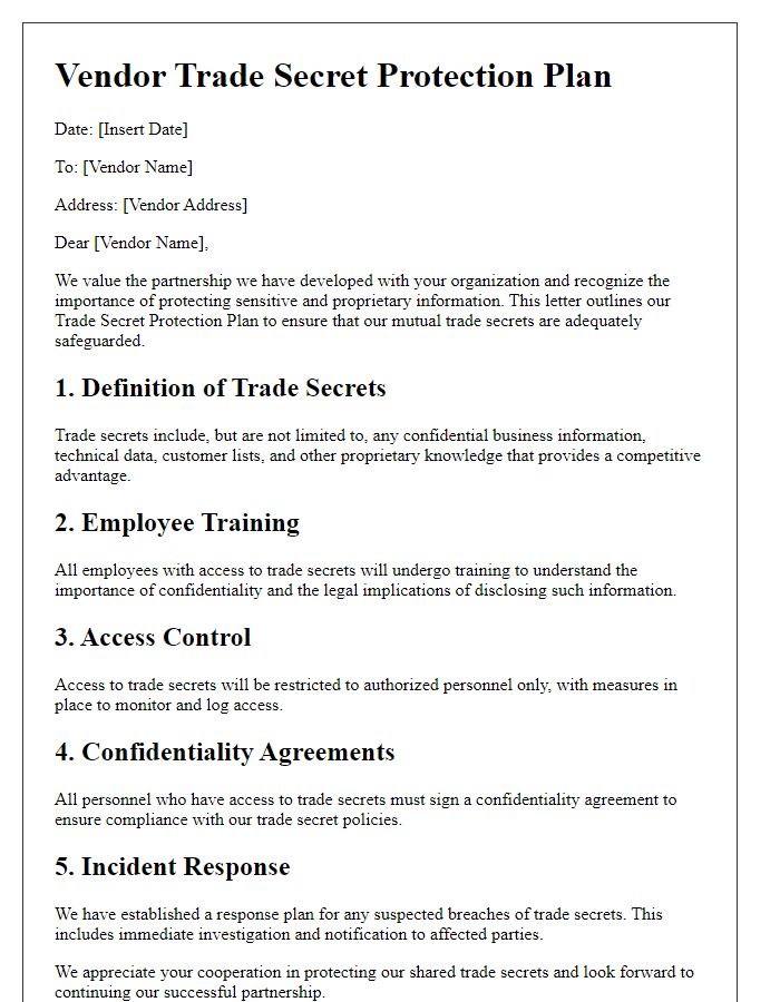 Letter template of vendor trade secret protection plan