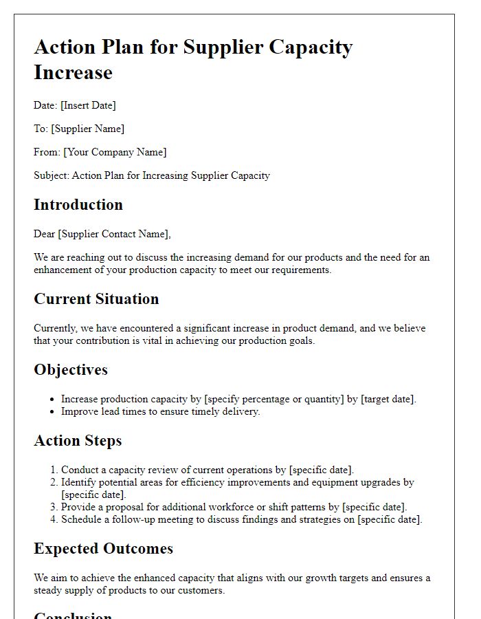 Letter template of action plan for supplier capacity increase