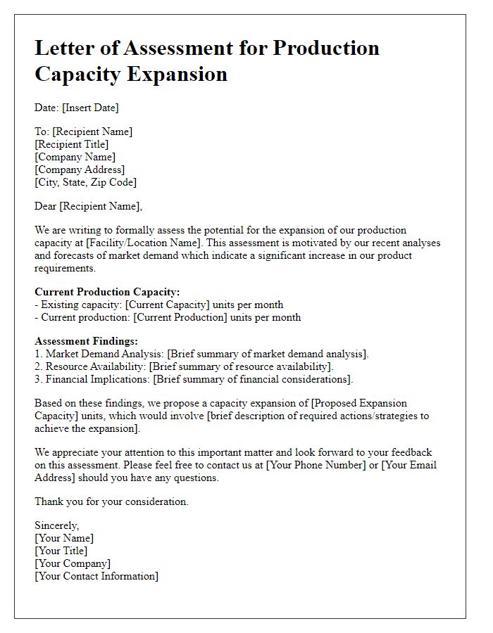 Letter template of assessment for production capacity expansion