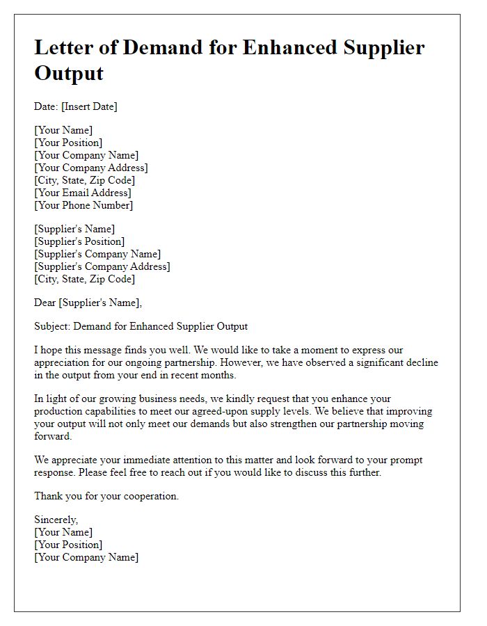 Letter template of demand for enhanced supplier output