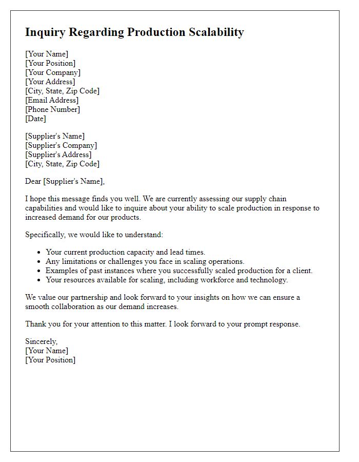 Letter template of inquiry for supplier's ability to scale production