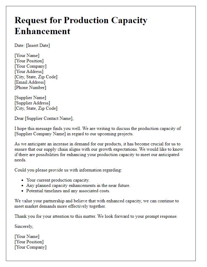 Letter template of request for supplier production capacity enhancement