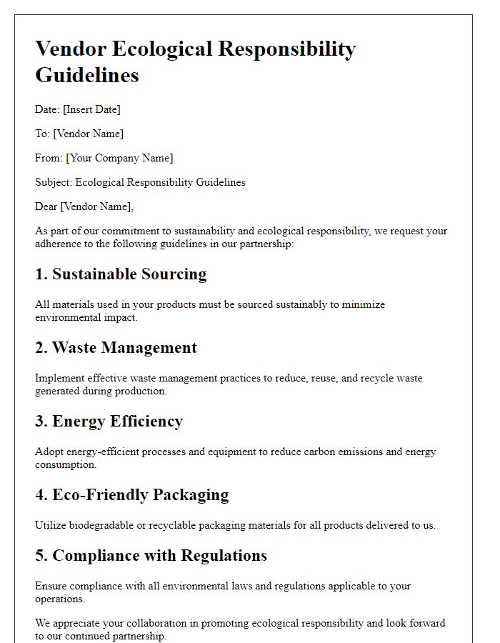 Letter template of vendor ecological responsibility guidelines.