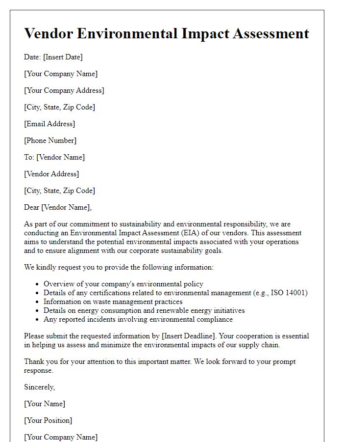 Letter template of vendor environmental impact assessment.