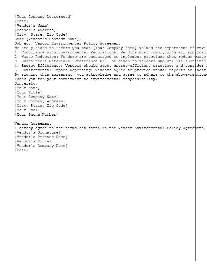 Letter template of vendor environmental policy agreement.