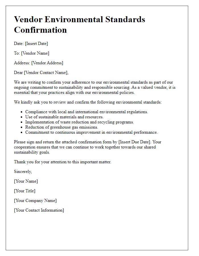 Letter template of vendor environmental standards confirmation.