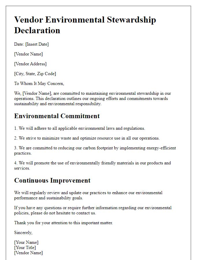 Letter template of vendor environmental stewardship declaration.