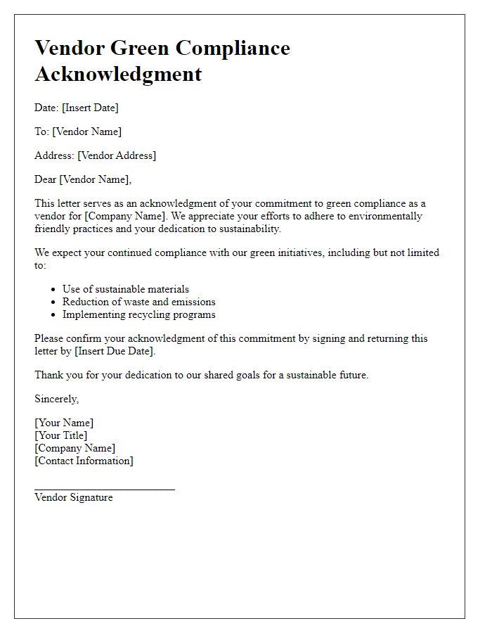 Letter template of vendor green compliance acknowledgment.