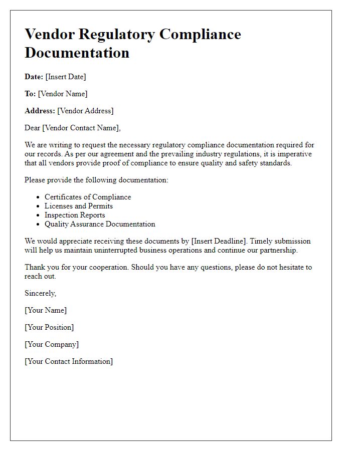 Letter template of vendor regulatory compliance documentation.