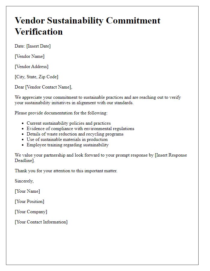 Letter template of vendor sustainability commitment verification.