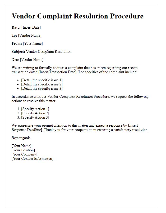 Letter template of vendor complaint resolution procedure