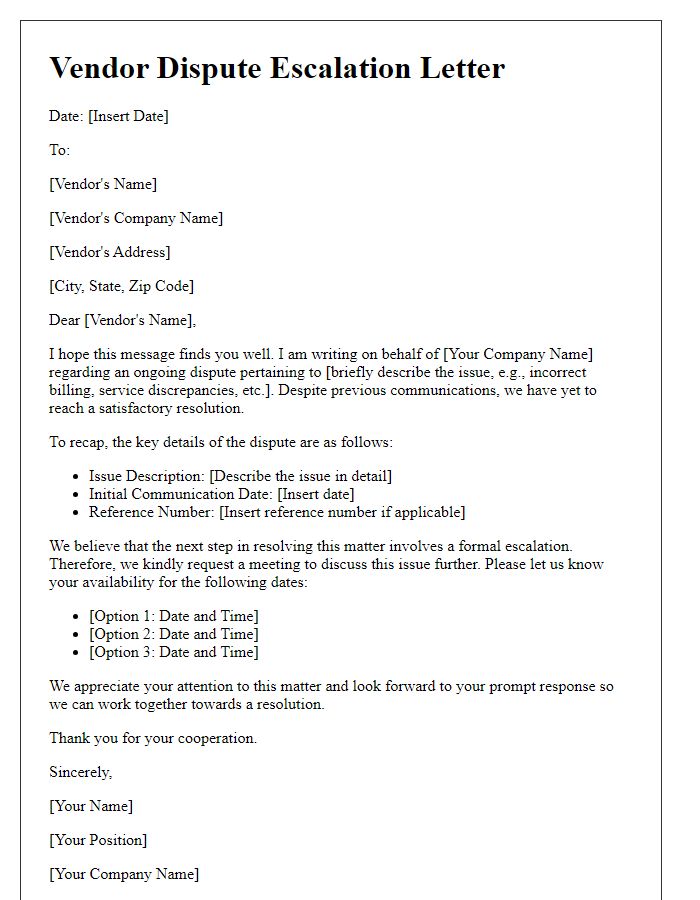 Letter template of vendor dispute escalation framework