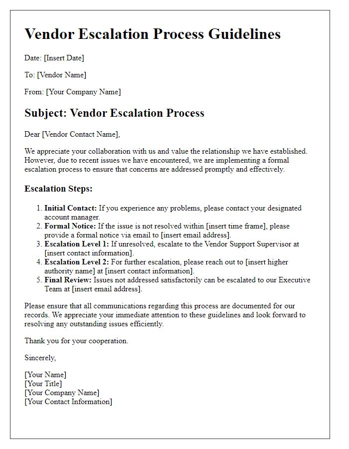 Letter template of vendor escalation process guidelines