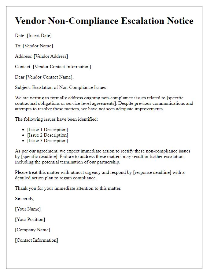 Letter template of vendor non-compliance escalation notice