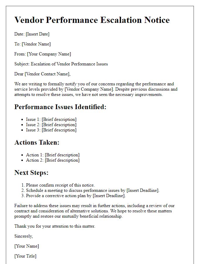 Letter template of vendor performance escalation steps