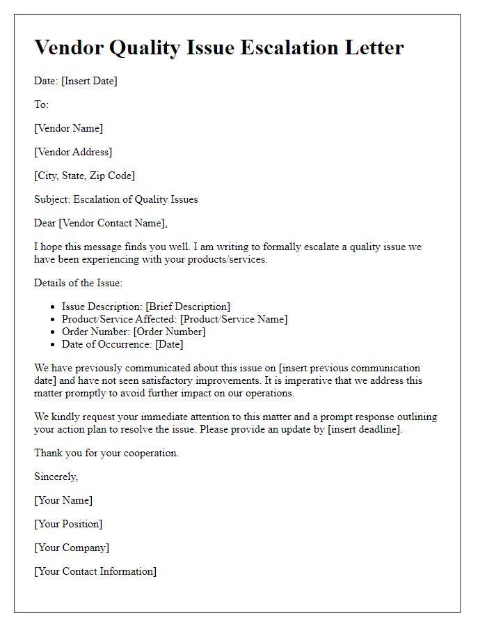 Letter template of vendor quality issue escalation method