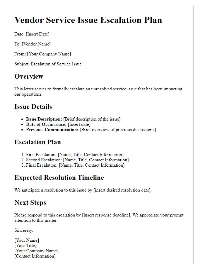 Letter template of vendor service issue escalation plan