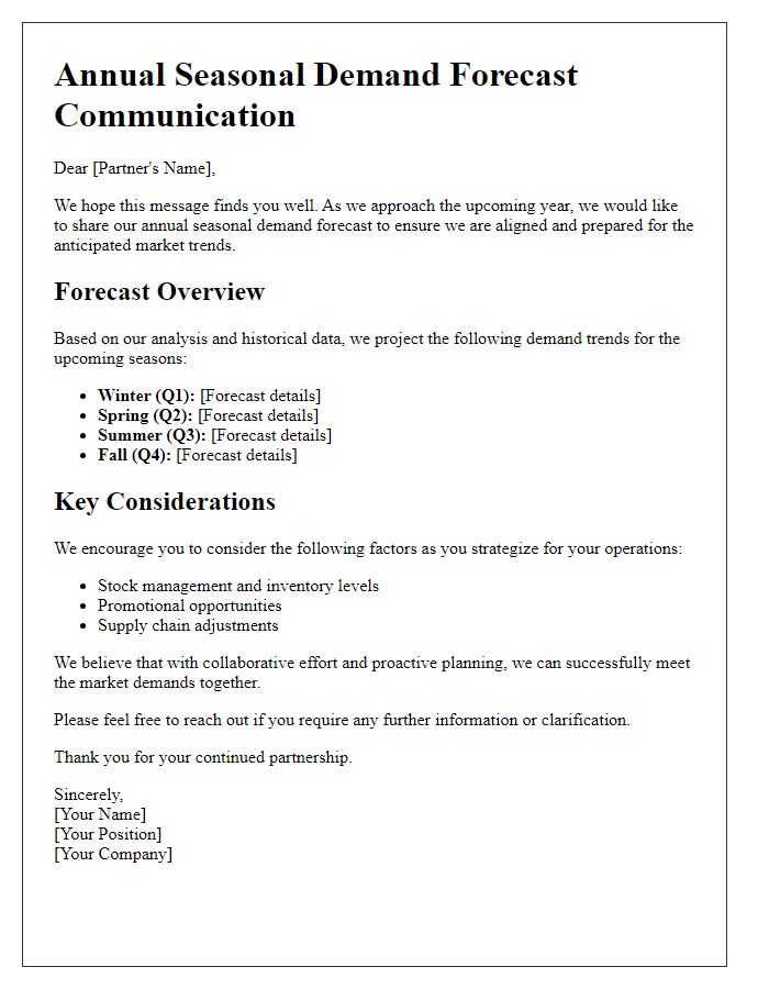 Letter template of annual seasonal demand forecast communication for partners