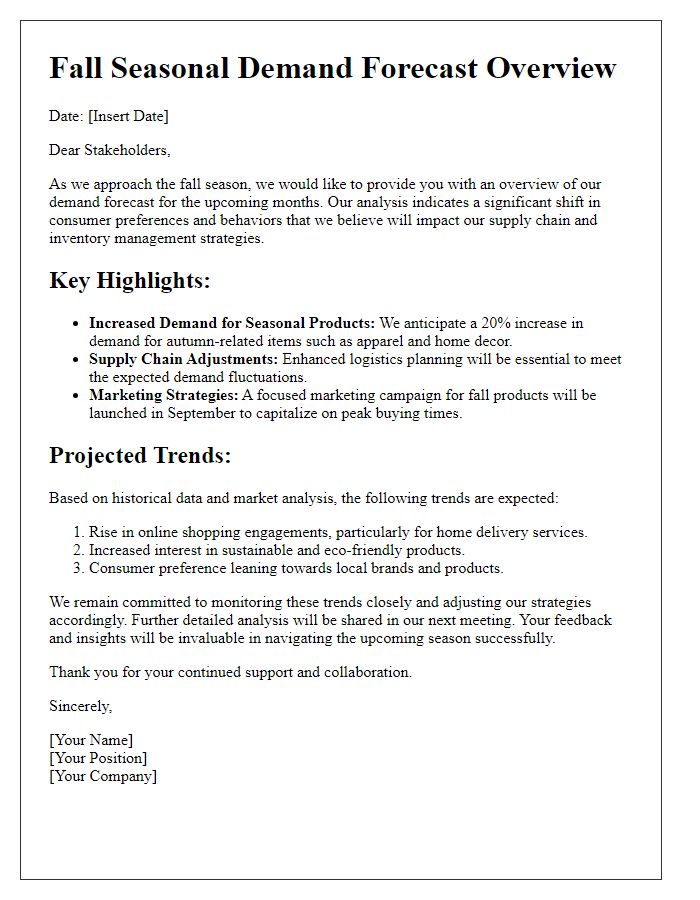 Letter template of fall seasonal demand forecast overview for stakeholders