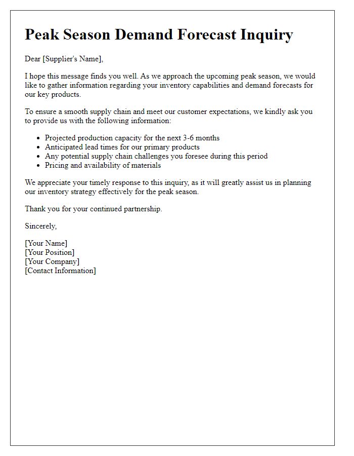 Letter template of peak season demand forecast inquiry for suppliers