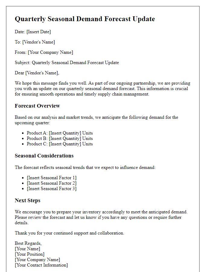 Letter template of quarterly seasonal demand forecast update for vendors