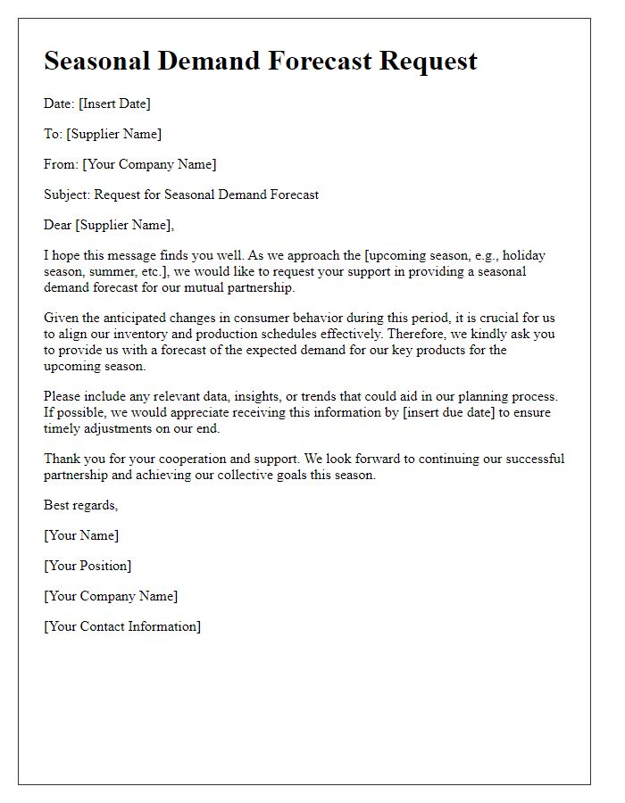 Letter template of seasonal demand forecast request for suppliers